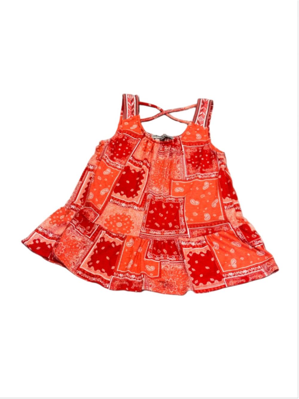 Absolutely Famous Red and Orange Bandana Peplum Tank with Criss Cross Straps